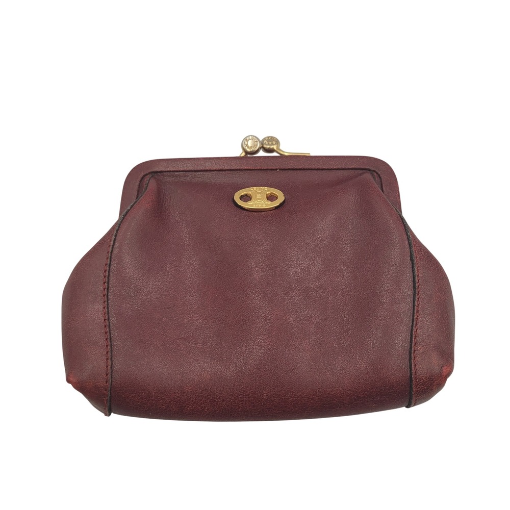 Vintage Celine Paris Triomphe Burgundy Leather Kiss Lock Coin Purse M06 Italy